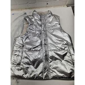 A New Day Puffer Vest Jacket Womens Silver Zip Up Snap Button Size M